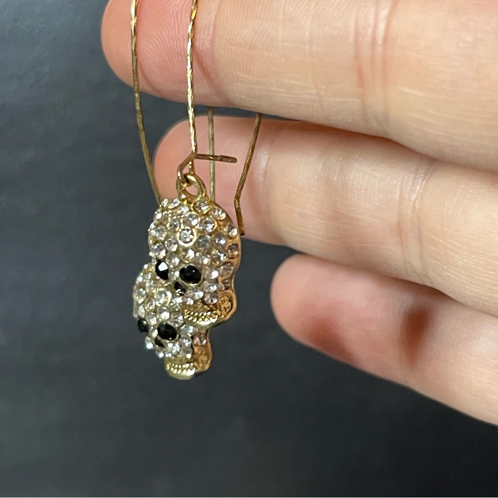 Gold Skull Earrings with Crystal Accents - Picture 5 of 7